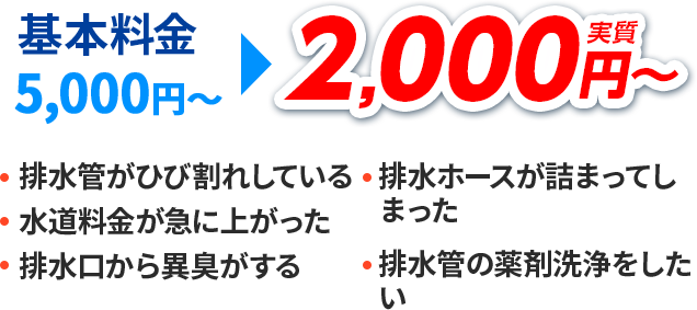 基本料金5,000円～が実質2,000円～。基本料金5,000円～が実質2,000円～。排水管がひび割れしている・水道料金が急に上がった・排水口から異臭がする・排水ホースが詰まってしまった・排水管の薬剤洗浄をしたい