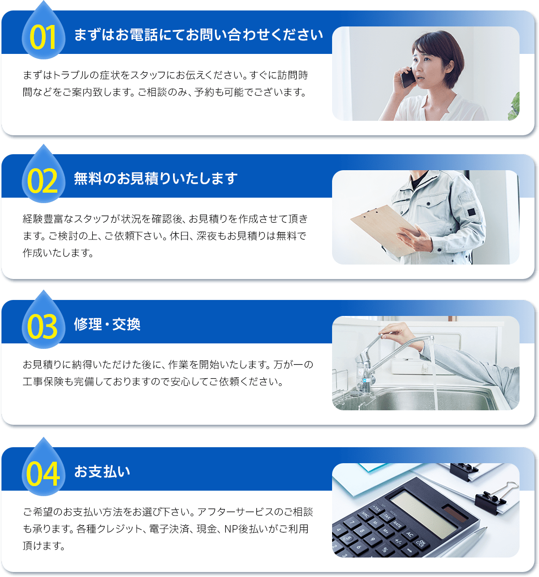 電話でお問い合わせ、無料のお見積り作成、修理・交換、お支払い